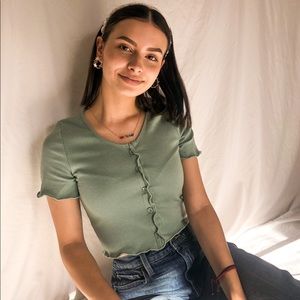 Green button down crop top, Mint green ribbed top, trendy short sleeve top